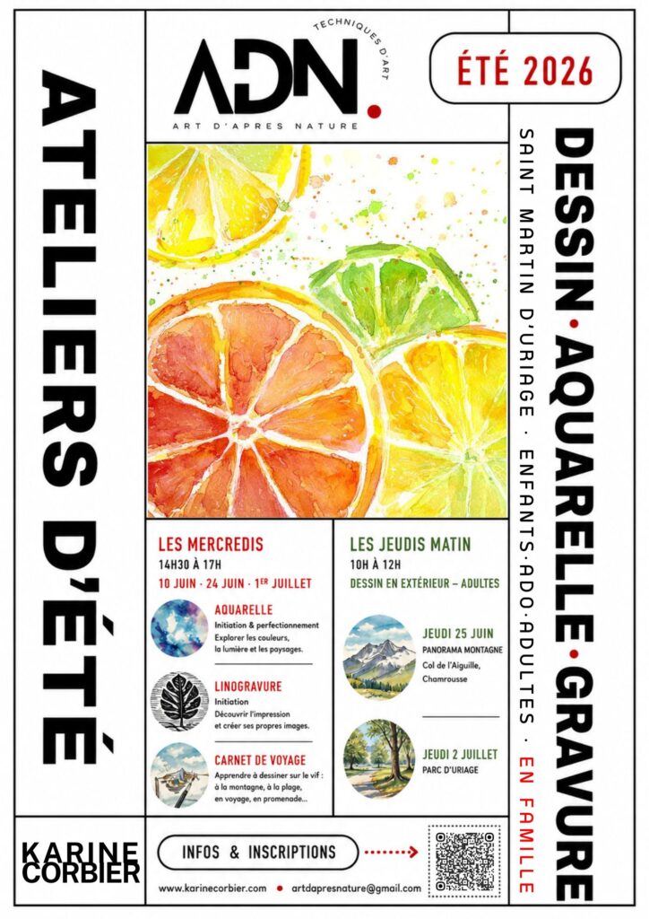 Affiche des ateliers artistiques d'été 2026 proposés par Karine Corbier à Saint-Martin-d'Uriage : aquarelle, linogravure, carnet de voyage et dessin en extérieur pour enfants, adolescent·es et adultes