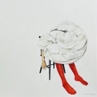 Femme avec édredon et collants rouges - Aquarelle sur papier
