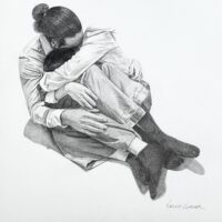 Deux personnages entre-lacés dessinés au crayon sur papier de façon hyperréaliste par l'artiste Karine Corbier