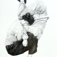 Deux personnages entre-lacés dessinés au crayon sur papier de façon hyperréaliste