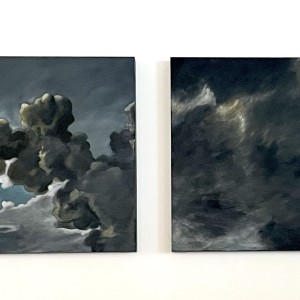 Diptyque nuage composé de deux peintures représentant à gauche un détail de nuages dans le tableau de Nicolas la Poussin est à droite un zoom sur ce détail