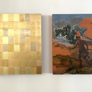 Photographie de deux tableaux de Denis Arino et Karine Corbier : À gauche un tableau recouvert de rectangle dors est à droite une copie d'un détail d'un tableau de Nicolas Poussin inachevé