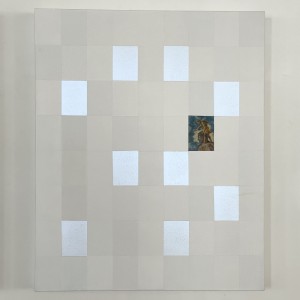 Tableau abstrait et géométrique de Denis Arino avec une intervention de Karine Corbier représentant un détail d'un tableau de Nicolas Poussin