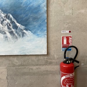 Détail du diptyque montagne accroché sur un mur en béton brut À côté d'un extincteur et du pictogramme extincteur rouge C'est Image juxtapose la peinture et l'objet de secours