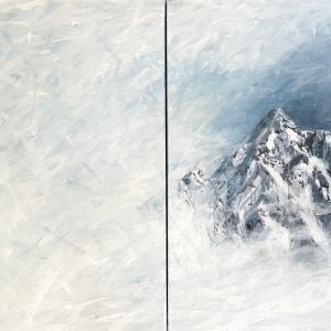 Diptyque montagne représentant un panneau monochrome blanc texturé et un panneau représentant le Pique de Belledonne