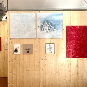 Photo d'exposition des œuvres de Karine Corbier sur un mur en bois