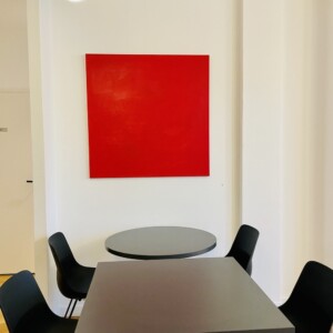 Monochrome Rouge de Karine Corbier 1 m par 1 m dans une salle de travail du Moonshot Lab