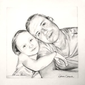 Portrait d'un papa et de sa fille au crayon format carré, les têtes l'une contre l'autre très tendres