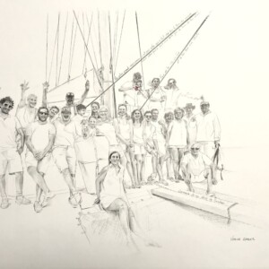 Portrait de famille avec 24 personnages sur un bateau ; des citations sont écrites le long des cordages