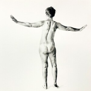 dessin aquarelle en noir et blanc d'une femme nue de dos hyperréaliste