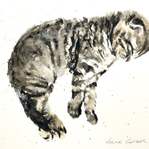 Portrait d'un chaton à l'aquarelle : il dort allongé sur le côté des éclaboussures d'aquarelle donne du dynamisme au chaton endormi