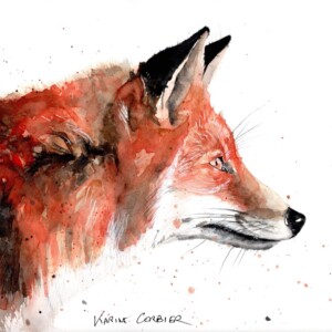 Tête de renard de profil peinte à l'aquarelle très lumineuse avec des giclures de peinture qui donne du dynamisme