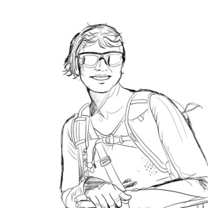 portrait au trait d'une jeune fille style manga avec un sac à dos