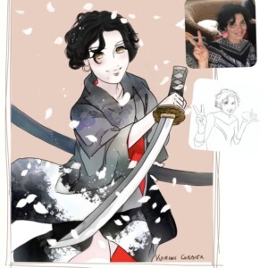 Portrait d'un femme lumineuse style manga très coloré La femme tient un sabre et des pétales volent dans l'air la photo comme modèle dans l'angle