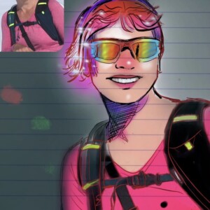 Portrait d'un femme lumineuse style manga très coloré Les cheveux rouges et roses sont très lumineux avec des étoiles brillantes la photo comme modèle dans l'angle
