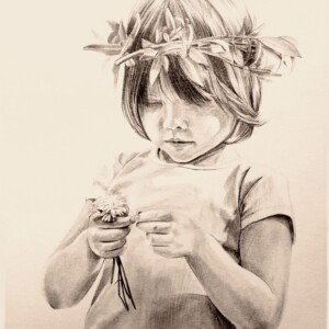 Portrait d'une jeune fille avec un bouquet de fleurs et une couronne de fleurs très réaliste au crayon