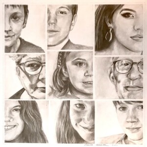 Portrait d'une famille au crayon composé de 9 images représentant des détails des portraits très réalistes