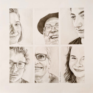 Portrait d'une famille au crayon composé de six images représentant des détails des portraits très réalistes